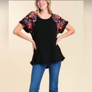 Umgee black boho embroidered frayed hem blouse
